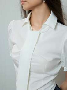 SHEIN MOD Áo sơ mi cổ bẻ màu trắng thanh lịch, phong cách học thuật - trắng - Xem 5