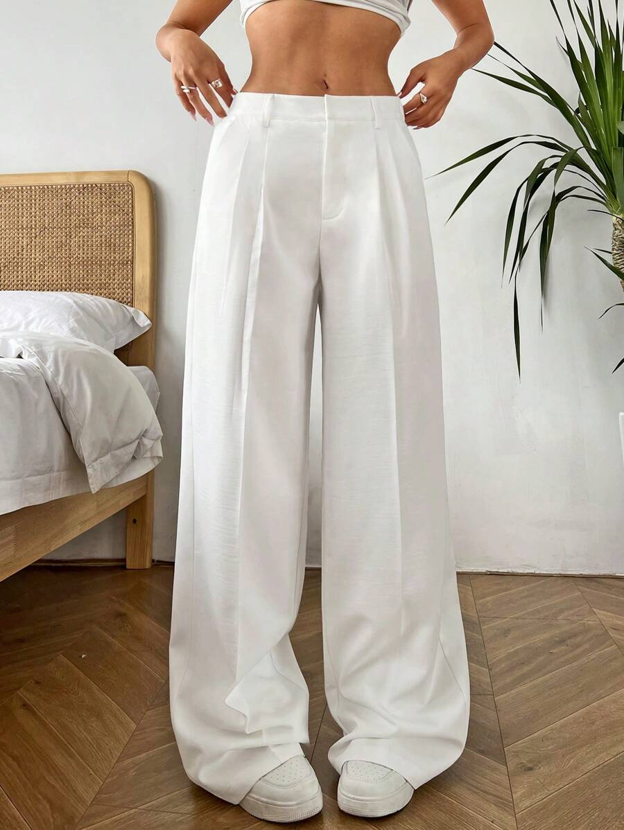 SHEIN EZwear Pantalones Holgados Y Plisados De Color Sólido Para Mujer - Blanco - Ver 1