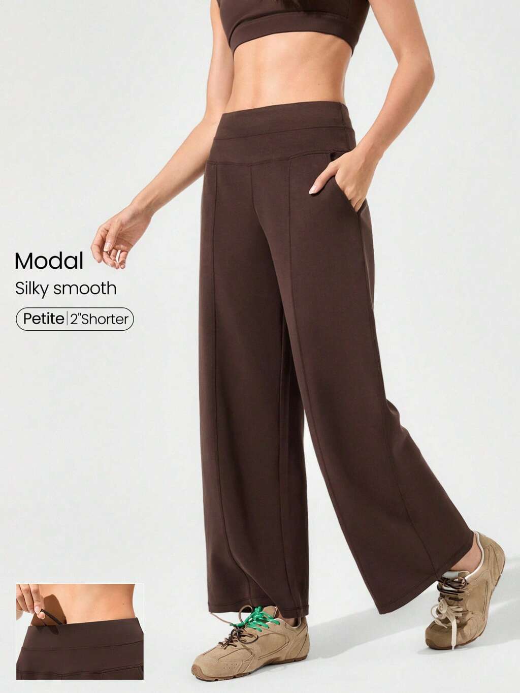 Calça Pantalona Casual de Cintura Alta de Toque de Seda Modal com Bolsos Laterais, Casual Diária de Outono