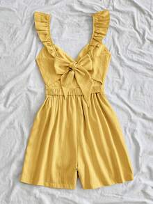 Soleia Ladies' Textured Woven Pale Blue V-Neck Cap Sleeve Tie Back Bowknot Waist Wrap Wide Leg Jumpsuit, Vacation Outfit