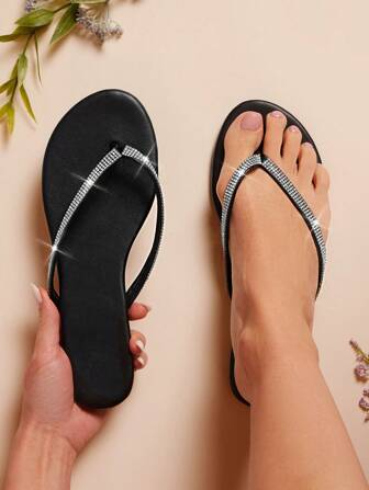 Faux Patent Leather Thong-Toe Flip Flops With Rhinestone Decors