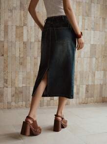 MOTF PREMIUM VÁY DENIM XẺO THÊU THẲNG - Xanh đậm - Xem 3