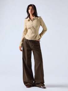 LYSMO Áo khoác nữ màu trơn bó eo, thích hợp cho mùa xuân/thu - Màu Khaki - Xem 5