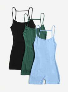 SHEIN EZwear Women's Solid Color Ribbed Tight Romper - Multicolor - View 5