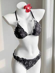 Comfortcana Women's Summer Beach Wear Shell Print Halter Bikini Set, Suitable For Holiday Wear - Black - View 4