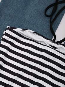 Chiquease 夏季无袖撞色条纹褶皱修身吊带背心