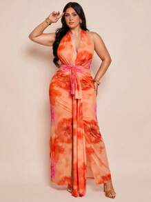 SHEIN BAE Plus Size Women Elegant Long V-Neck Knit Dress, 4th Of July Curve,Wedding Guest Dress Women,Back To School Girls Clothes,Girls Summer Outfits,Fall Clothes,School Clothes,Halloween,Winter,Y2k Clothes ,Vintage,Vacation Outfits Woman,Floral Dress - Orange - View 5