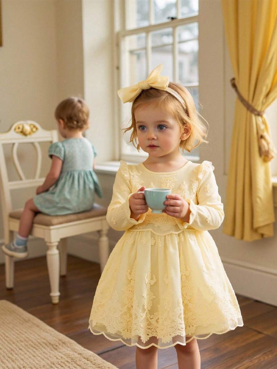 SHEIN Váy công chúa ren lưới tay ngắn màu trơn thanh lịch cho bé gái, mùa thu - Màu vàng - Xem 1