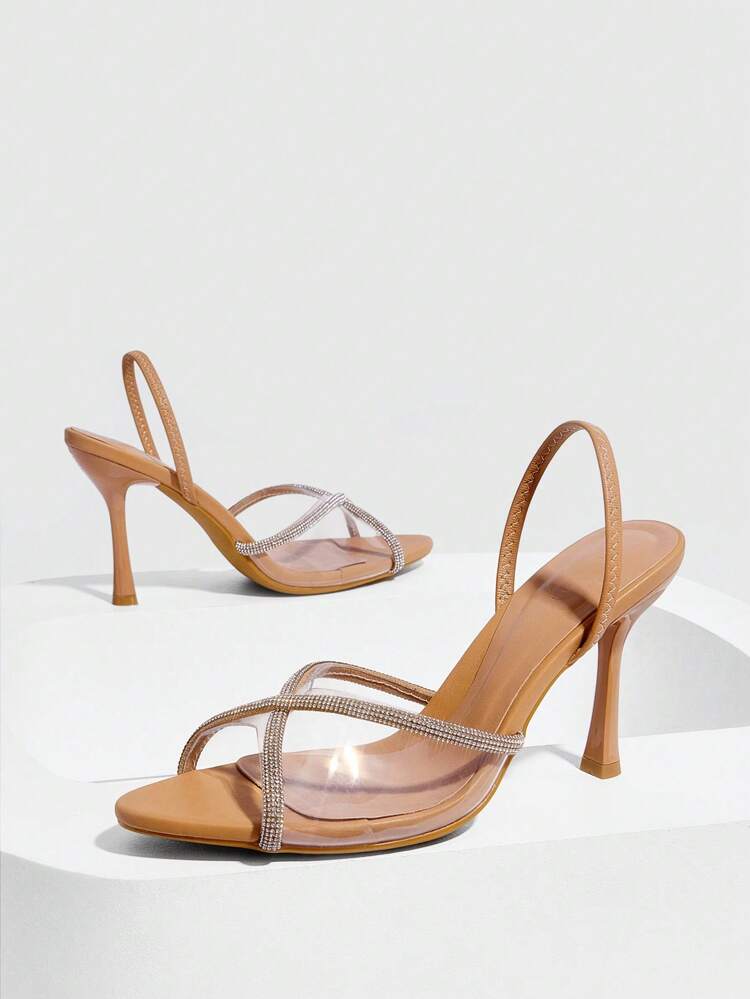 CUCCOO SZL Women's New Stylish Summer Pointed Toe Rhinestone Decor Transparent Strap High Heel Sandals, Versatile