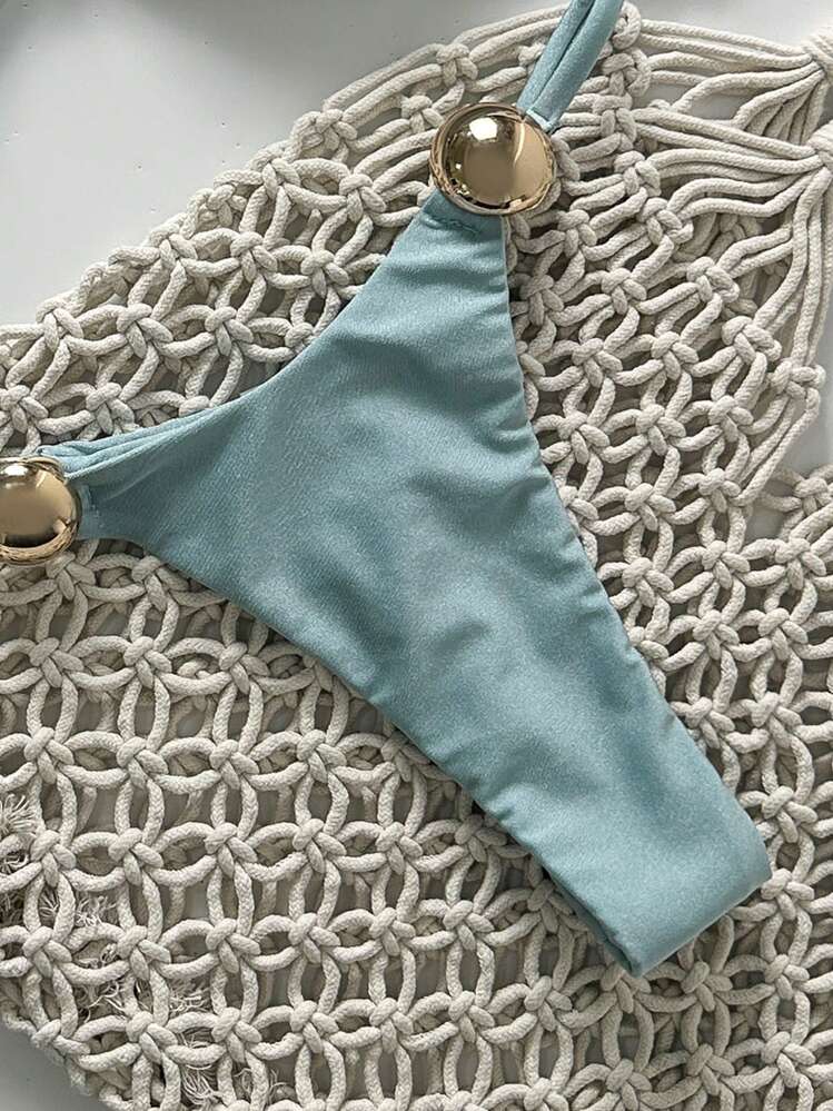 Swim Chiccia 女士夏季度假金属纯色细肩带露背上衣和丁字裤比基尼套装（两件套） - 青碧色 - 查看 4