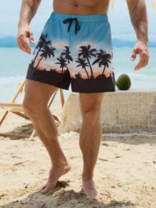 DAZY Men's Summer Solid Color Coconut Tree All-Over Floral Print Beach Shorts, Vacation Style - Multicolor - View 4