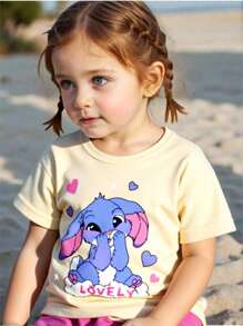 T-shirt basique à col ras du cou et manches courtes avec imprimé de bande dessinée pour jeunes filles