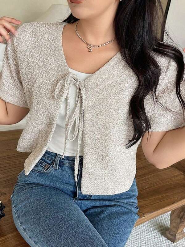 Dazy Plus Plus Size Casual Solid Color V-Neck Drawstring Short Sleeve Cardigan