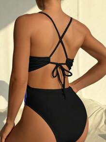 Swim Vcay 春假女士定位印花低胸交叉露背性感连体泳衣度假装 - 黑色 - 查看 2