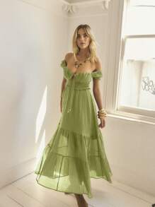 Aralina 泡泡袖系带前片层叠下摆波西米亚风后背细节夏季女式长裙