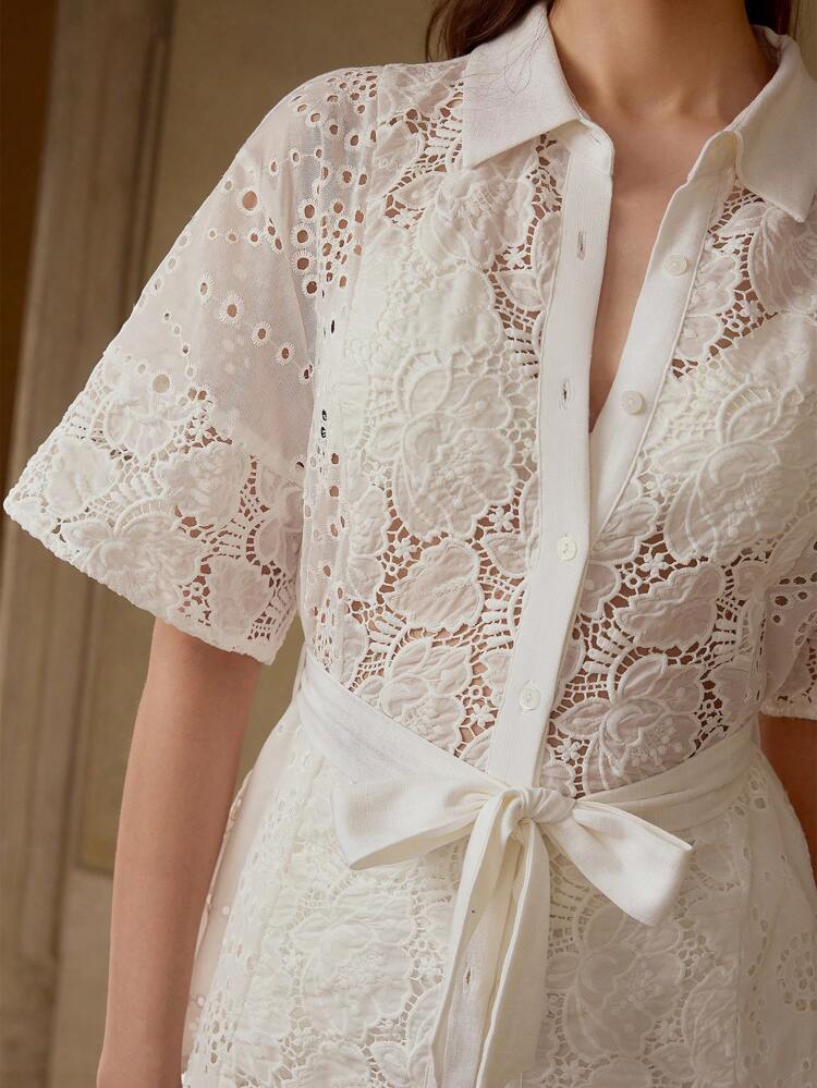 GUIPURE LACE BELTED SHIRT
