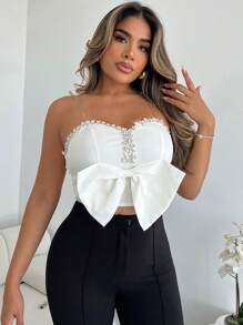 SHEIN Unity Canottiera sexy con decorazione a fiocco 3D e strass per donne