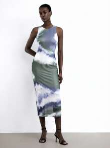 Maija Women's Grey Summer Chic Vacation Dress, 2025 Autumn Green Asymmetrical Tie Dye Print Ruched Mesh Fabric, Modern Elegant Y2K Vintage Wedding Guest Dress - Multicolor - View 2