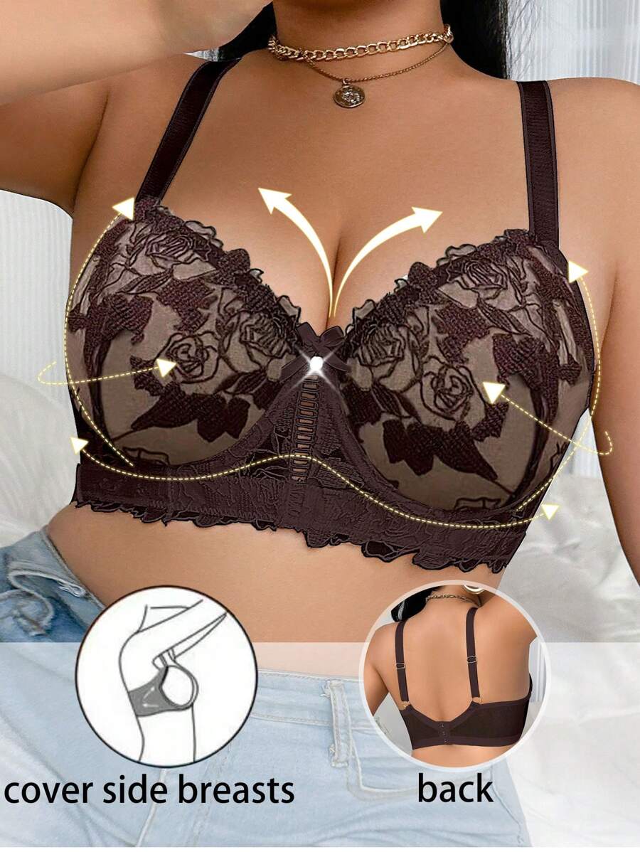 SHEIN 1pc Plus Size Embroidered Support Underwire Bra - Coffee Brown - View 1