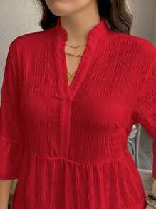 SHEIN LUNE 女式大码时尚度假纯色缺口领 3/4 袖连衣裙红色分层连衣裙女式休闲连衣裙褶饰连衣裙红色长裙分层长裙