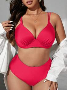 SHEIN Swim Curve 大尺碼女款兩件式高腰素色抓皺硬杯鋼圈泳衣套裝，可調節肩帶，優雅時尚性感休閒，適合夏季海灘度假假期風格 - 西瓜粉 - 查看 6