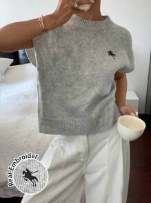 Siren Gaze Women Casual Loose Short Sleeve Knit Top With Small Logo Embroidery Fall Tops,Knitted Sweater Summer - Grey - View 1