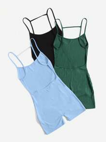 SHEIN EZwear Women's Solid Color Ribbed Tight Romper - Multicolor - View 2