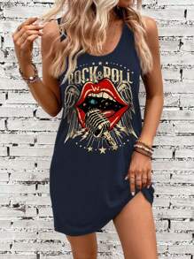 SHEIN LUNE 复古摇滚嘴唇图案休闲简约圆领背心裙，适合夏季