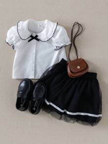 PrepCrw Set mit 2 Teilen für Baby Mädchen: Bluse im Collegestyle mit Puffärmeln und Mesh-Rock