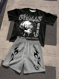 Manfinity EMRG Men's Letter & Portrait Print Short Sleeve T-Shirt And Drawstring Waist Shorts Set Mens Two Piece Shorts Set