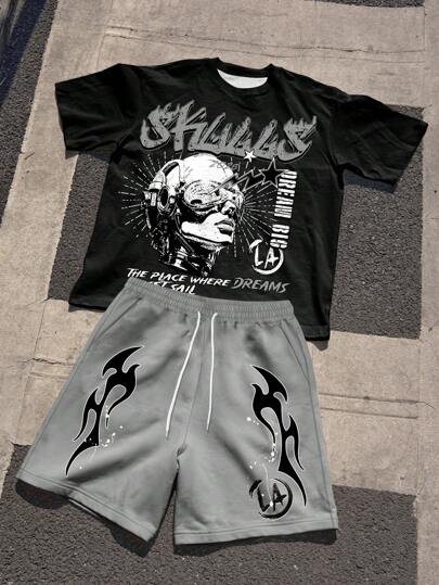 Manfinity EMRG 男士字母及肖像印花短袖T恤和抽绳腰短裤套装男士两件套短裤套装