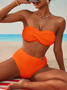 Swim Vcay Colorblock Halter Split Bikini Set With Circular Ring Decor For Summer Beach Vacation - Orange - View 1