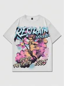 ROMWE MEN Men's Street Life No.23 Icon Print Short Sleeve T-Shirt, Sports Vintage Street Style - White - View 1
