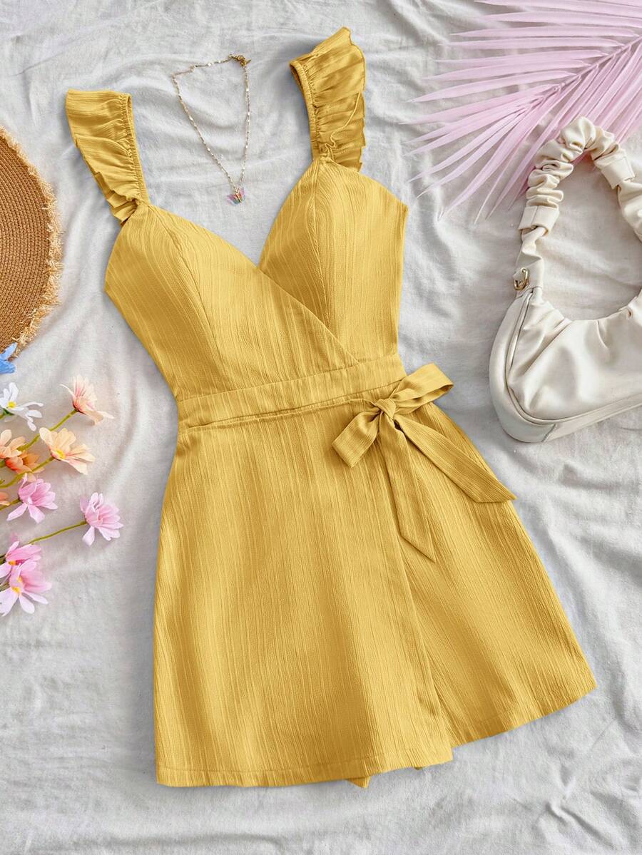 Soleia Ladies' Textured Woven Pale Blue V-Neck Cap Sleeve Tie Back Bowknot Waist Wrap Wide Leg Jumpsuit, Vacation Outfit