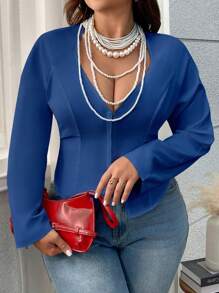 INAWLY Plus Size Women's Plain Front Button Long Sleeve Casual Shirt Fall Cloth For Women - Royal Blue - View 8