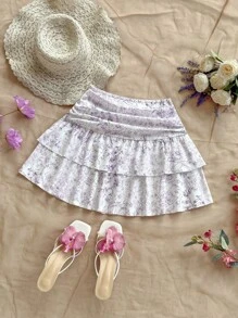 Soleia 女士高腰花卉分层迷你裙，适合度假、花园、节日、约会、下午茶、音乐节和波西米亚风格，春夏季 - 紫色 - 查看 6