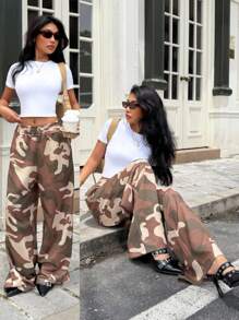 SHEIN EZwear Summer Graphic Sweatpants Western Wear Camouflage Print Elastic  Wide Leg Pants - Army Green - View 3