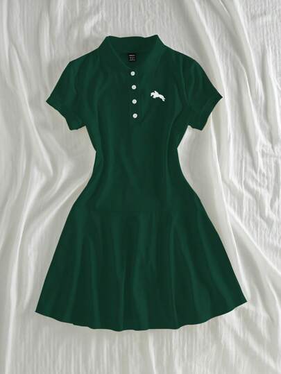 Elamini Green Polo Collar Short Sleeve Casual Summer Dress For Women