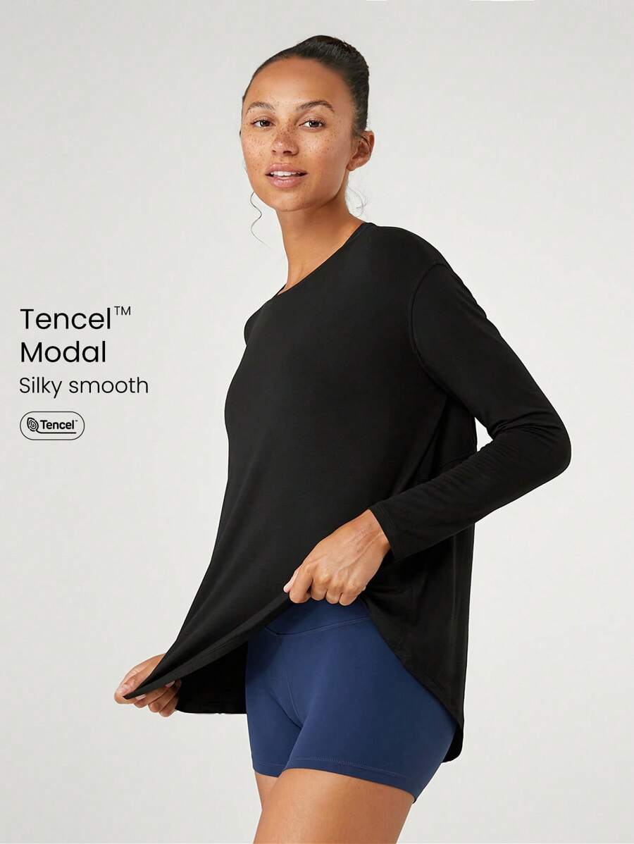 GLOWMODE SoftSerene-TENCEL™ Reset Restore Off-Shoulder Long Sleeve Tee With Thumbhole Daily Lounge - Black - View 1