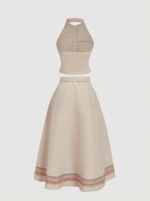 SHEIN MOD Plus Size 2 Pieces Set:Beige,Summer,1950s Vintage,Vacation,Holiday Collared Vest&Ruffle Hem Skirt,Waist-Hugging Top,Folk Printed A-Line Nomadic Suit - Khaki - View 9
