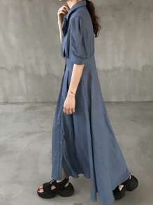 FRIFUL Women's Dusty Blue Denim Dress,Autumn Ellegant Dining Pleated Single-Breasted Puff Short Sleeve Solid Color Butterfly Decor Formal Summer Clothes - Blue - View 5