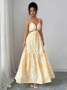 Elenzga Women's Printed Cinched Waist A-Line Mid-Length Casual Vacation Commuter Dress - Yellow - View 5