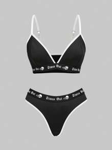 ROMWE Goth Conjunto de lencería tipo bralette y tanga de color oscuro con estampado de jacquard, estilo gótico academia