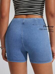 Flexra Women's Solid Color Elastic Wrap Style Casual Denim Shorts For Summer - Blue - View 2