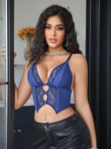 Spicy Aura 1pc Women's Lace Patchwork Wireless Bra - Navy Blue - View 6