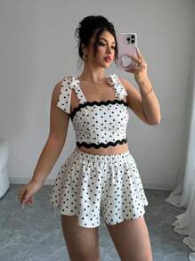 INAWLY Ensemble 2 pièces nouvelle collection été, Top court à volants à imprimé pois élégant à nœud papillon, plus pantalon ample à taille élastique pour femmes grande taille