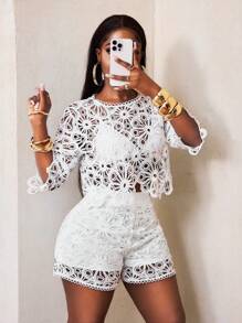 BamGleam Sexy Cut Out Lace See-Through Flare Sleeve Four Seasons Knit Women's Blouse, Haute Women Tops, Fitted Elegant Crew Neck Tops