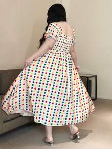 Flirla 加大码新款夏季假期生日优雅甜美可爱多巴胺彩色心形印花设计扭纹胸围泡泡袖修身喇叭裙女式太阳裙 - 彩色 - 查看 2