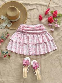 Soleia Spring & Summer Holiday Floral Print High Waisted Layered Ruffles Mini Skirt, Suitable For Backyard Garden, Date, Afternoon Tea, Vacation, Music Festival, Boho - Pink - View 3