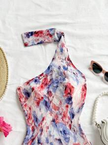 Soleia Vestido mini para vacaciones sexy con diseño asimétrico, cintura ceñida, estampado floral efecto tie-dye, espalda descubierta para mujer, estilo campestre romántico